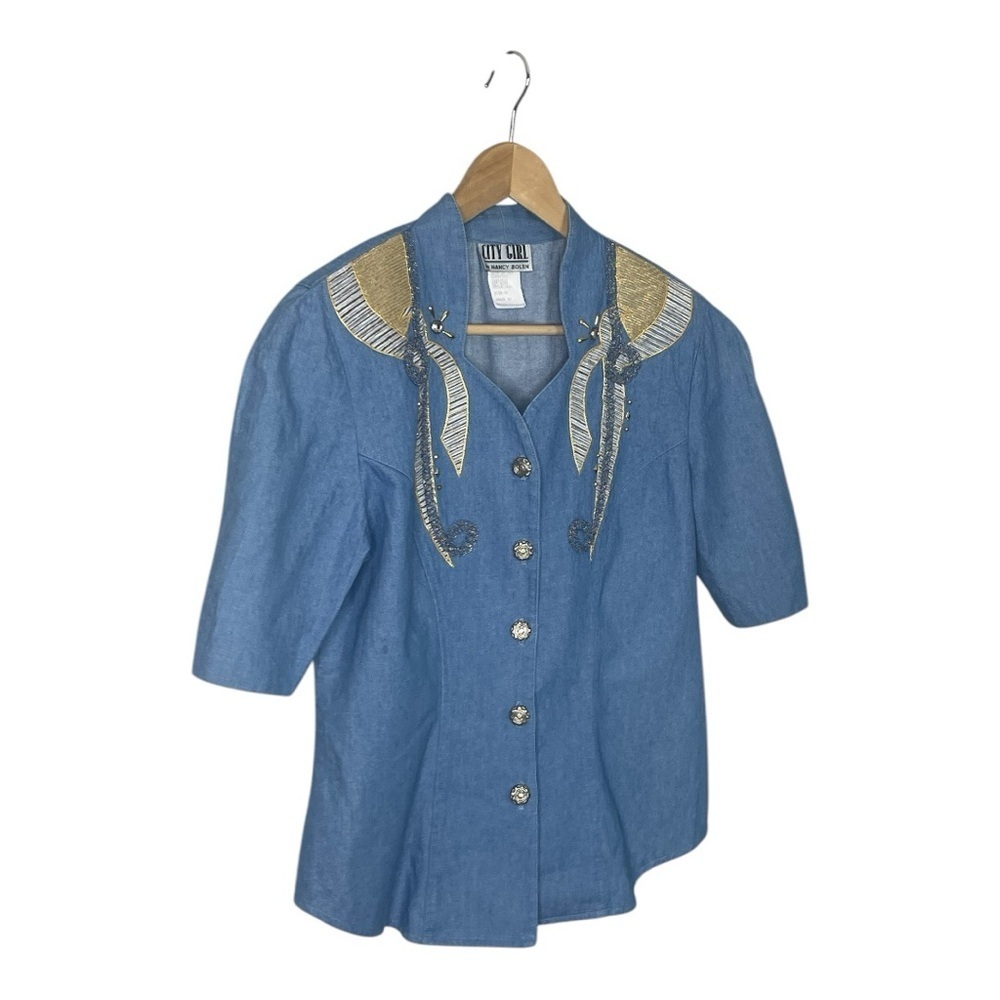 Vintage Blue Denim Button-Up Shirt with Gold Embellishments -10 - Picture 2 of 9
